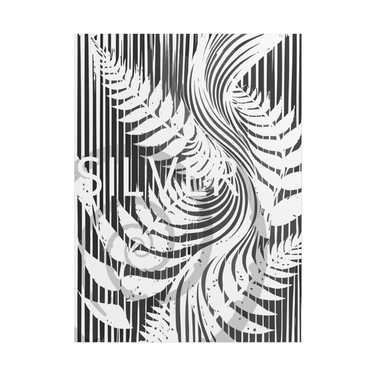 Botanical Silver Fern Poster — Monochrome Striped Wall Art