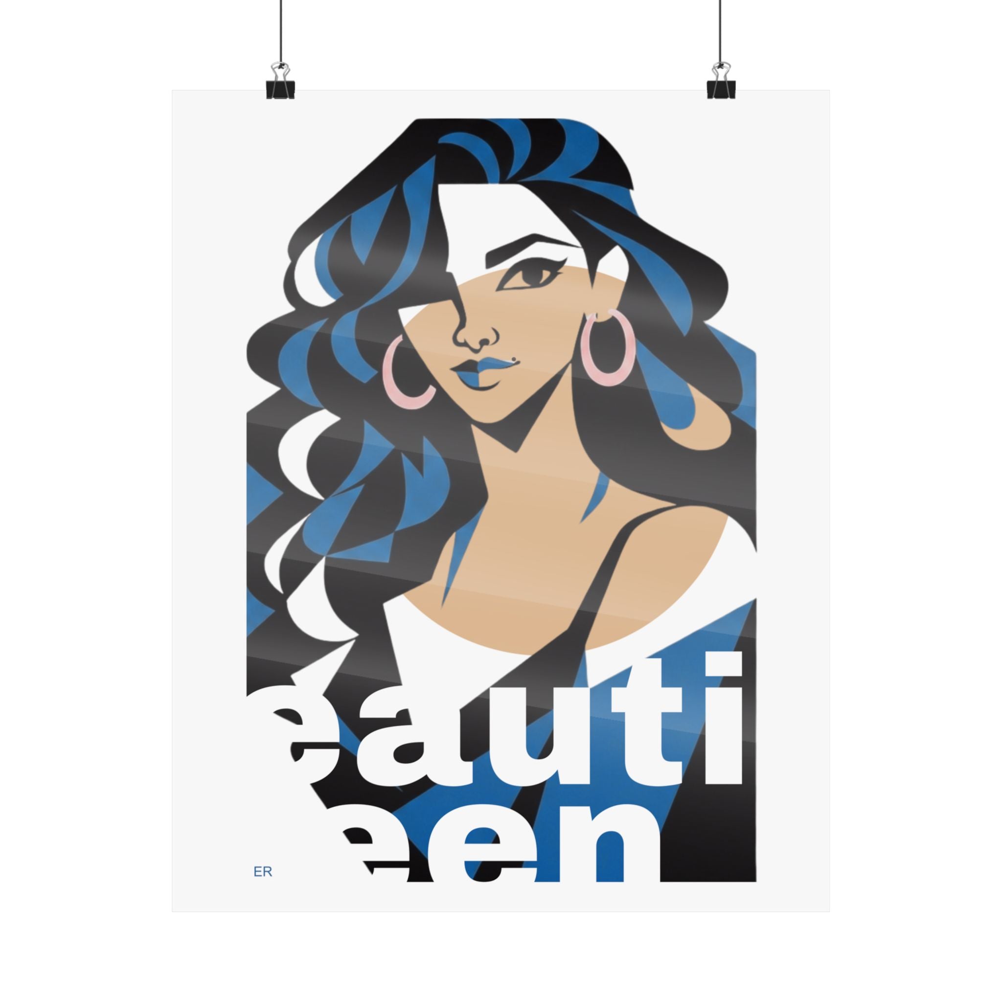 Beautiful Queen Matte Poster — Modern Female Portrait Wall Art  — Blue & Apricot Sand