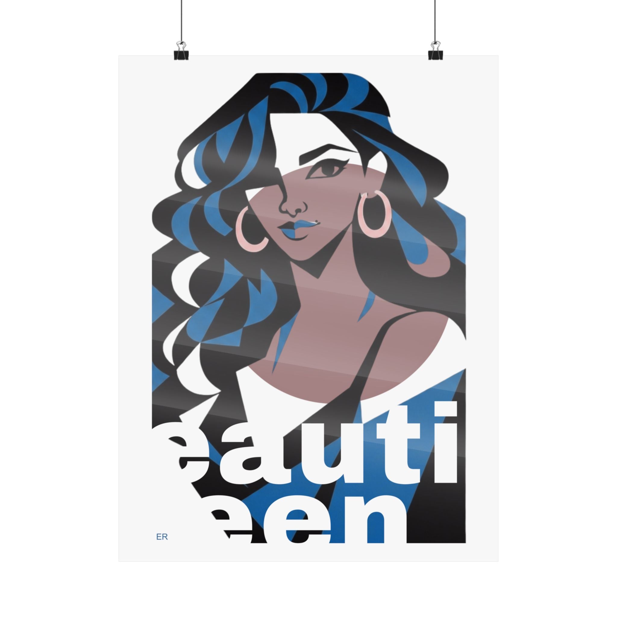 Beautiful Queen Matte Poster — Modern Female Portrait Wall Art Colour —  Blue & Dusty Rose