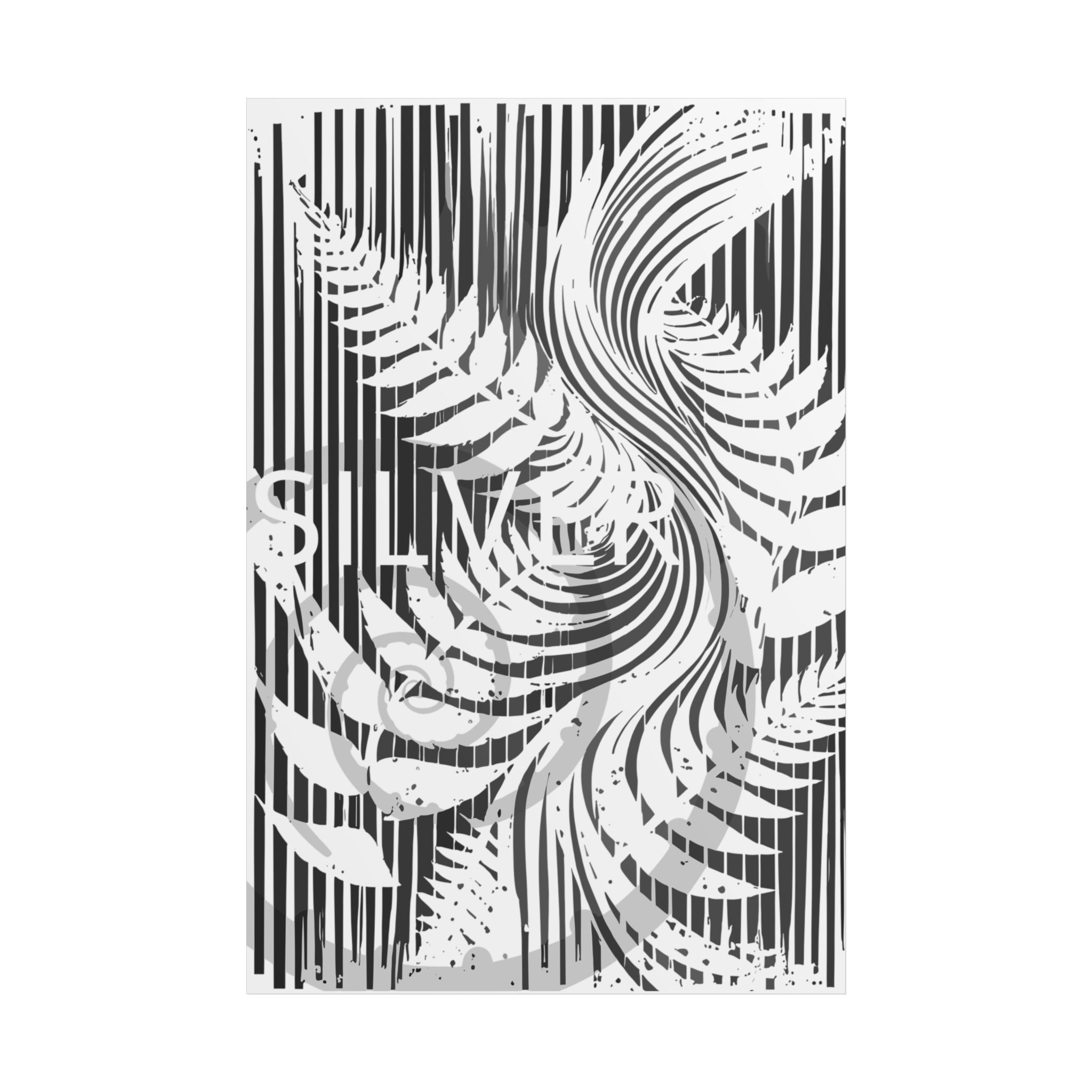Botanical Silver Fern Poster — Monochrome Striped Wall Art