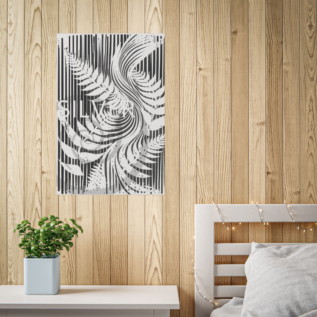 Botanical Silver Fern Poster — Monochrome Striped Wall Art