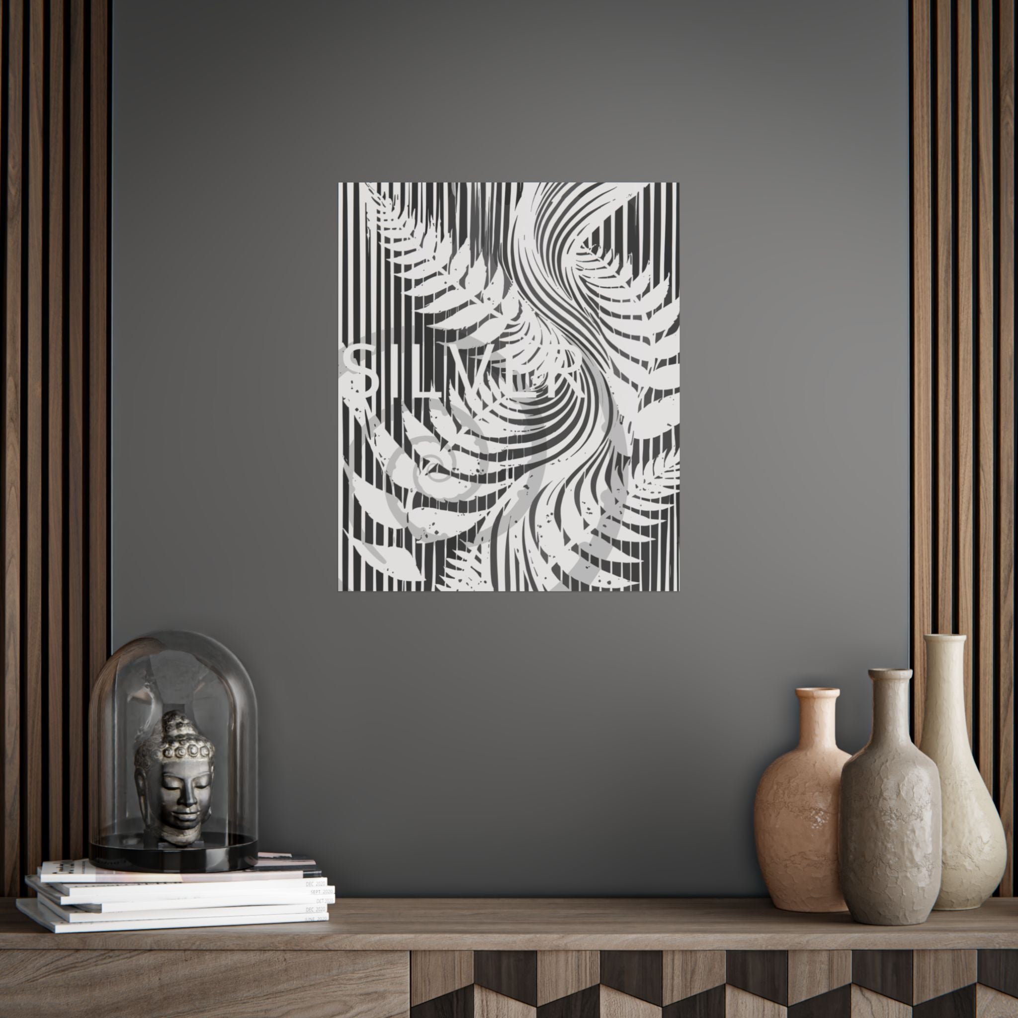 Botanical Silver Fern Poster — Monochrome Striped Wall Art