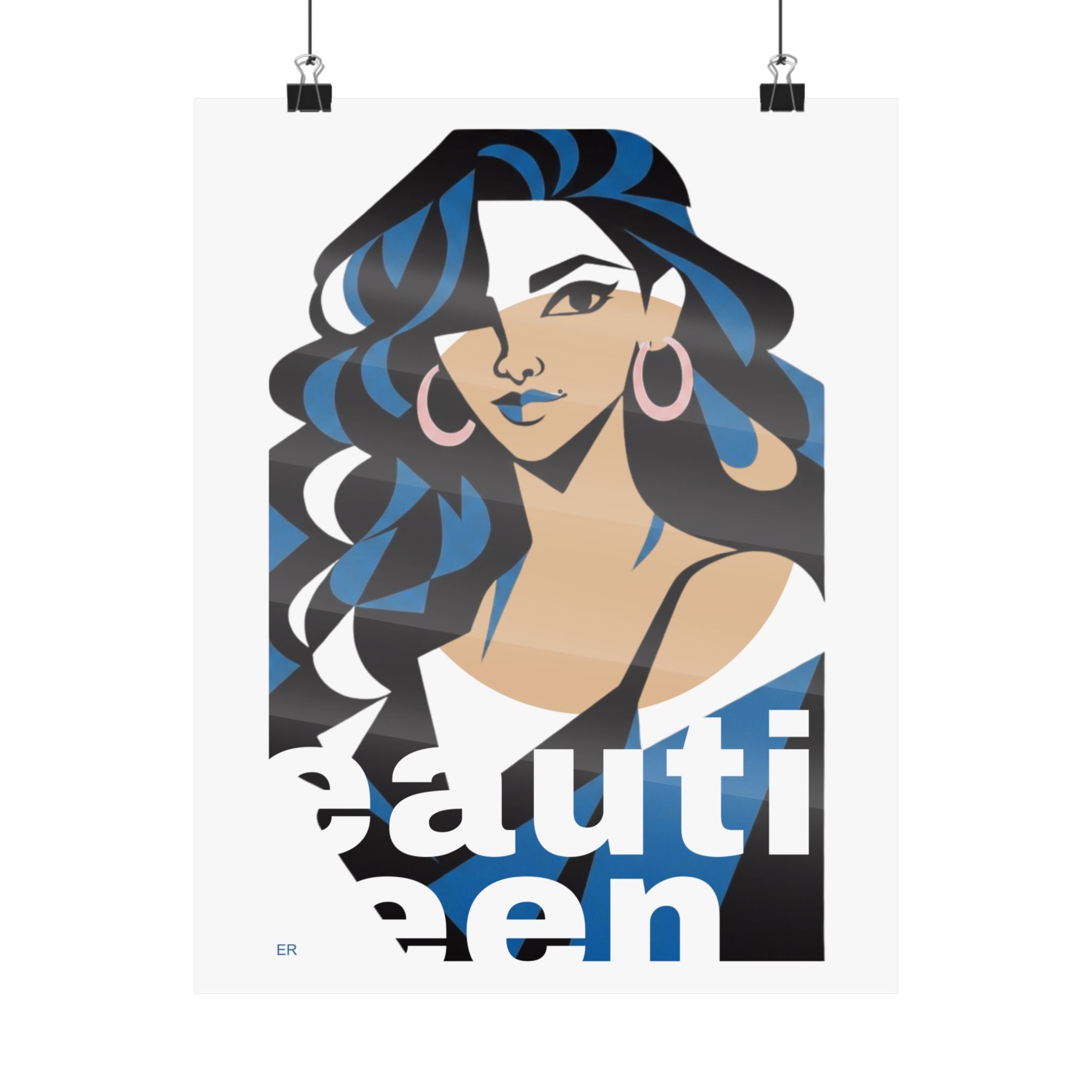 Beautiful Queen Matte Poster — Modern Female Portrait Wall Art  — Blue & Apricot Sand