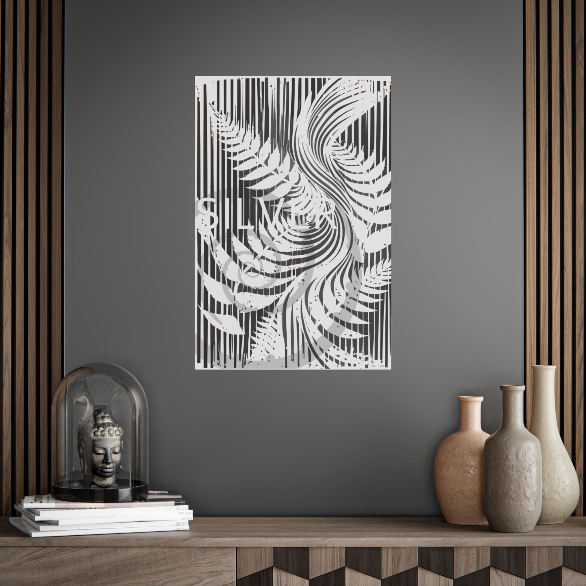 Botanical Silver Fern Poster — Monochrome Striped Wall Art