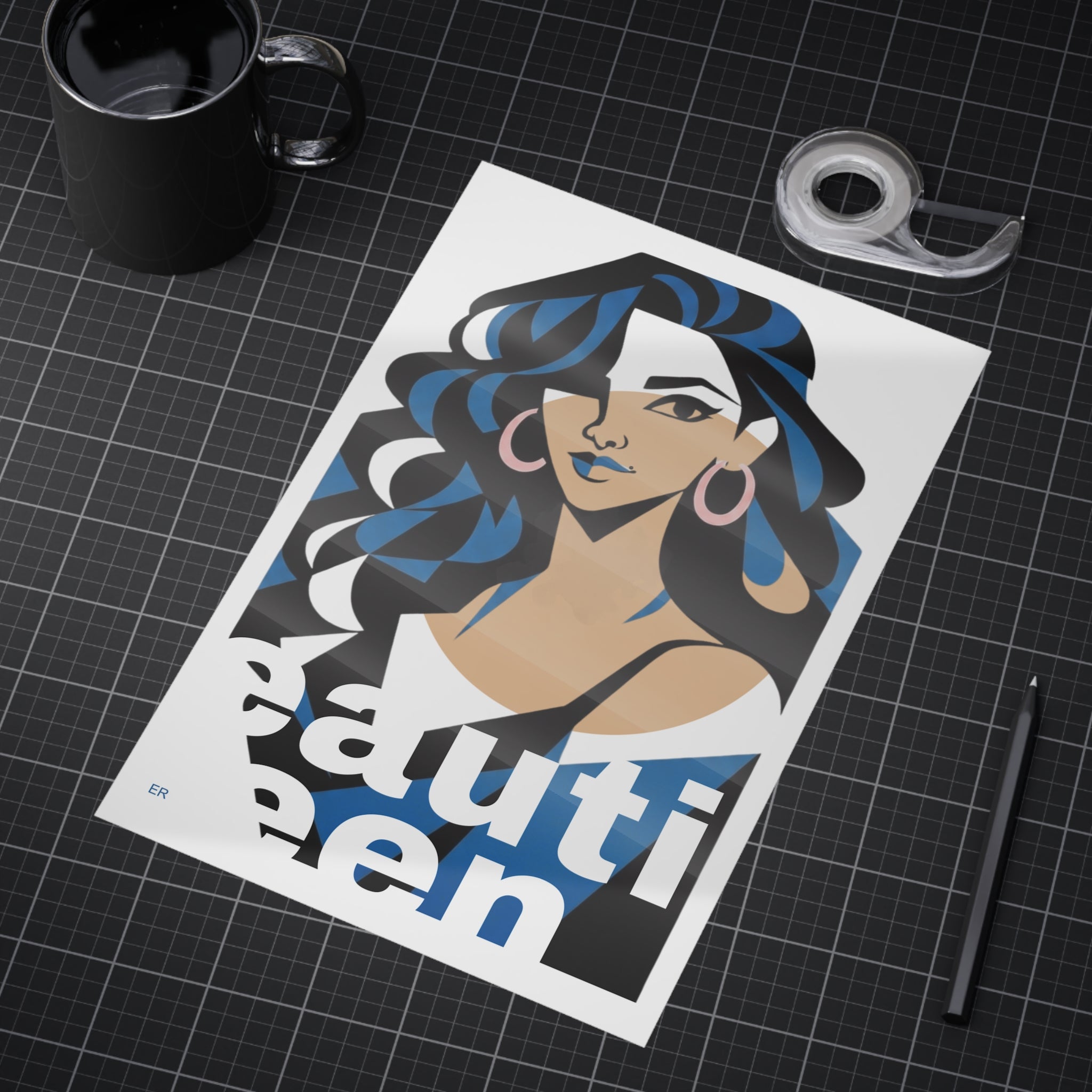 Beautiful Queen Art Print — Modern Portrait Wall Poster with Blue Accents