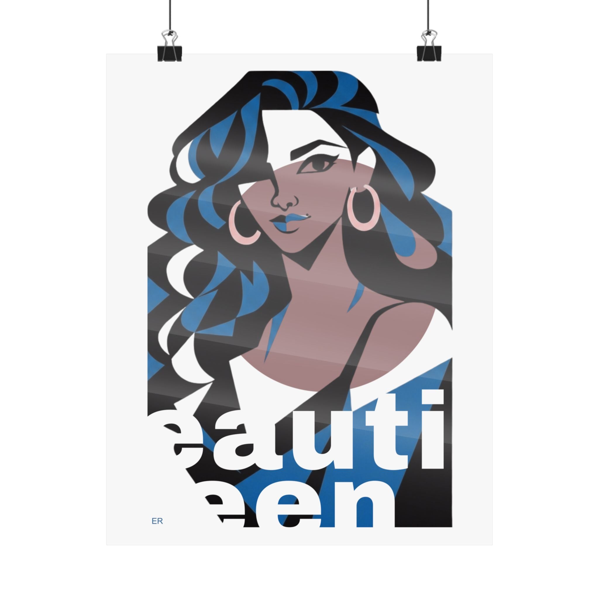 Beautiful Queen Matte Poster — Modern Female Portrait Wall Art Colour —  Blue & Dusty Rose