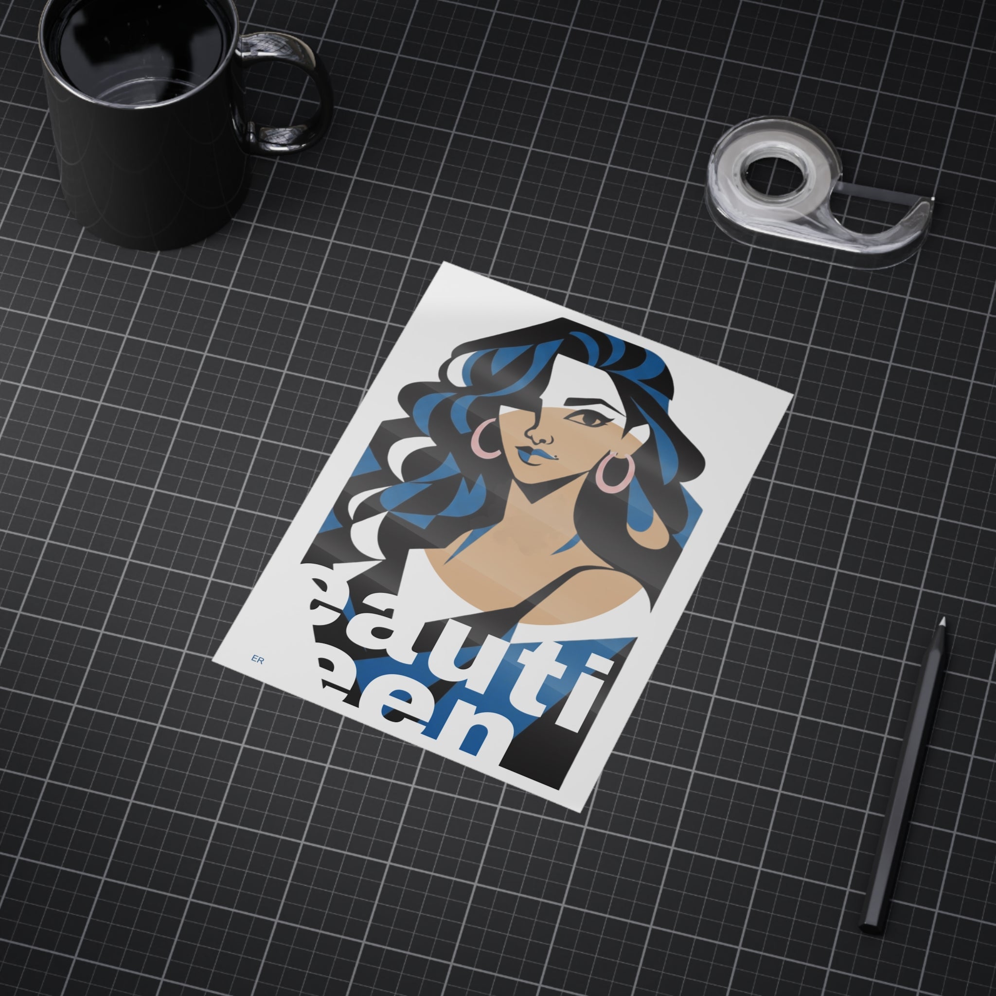 Beautiful Queen Art Print — Modern Portrait Wall Poster with Blue Accents