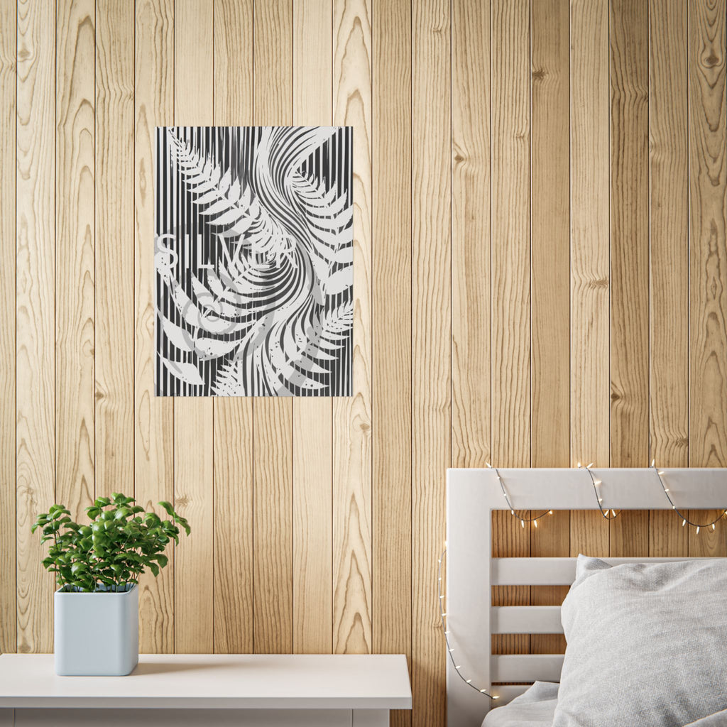 Botanical Silver Fern Poster — Monochrome Striped Wall Art