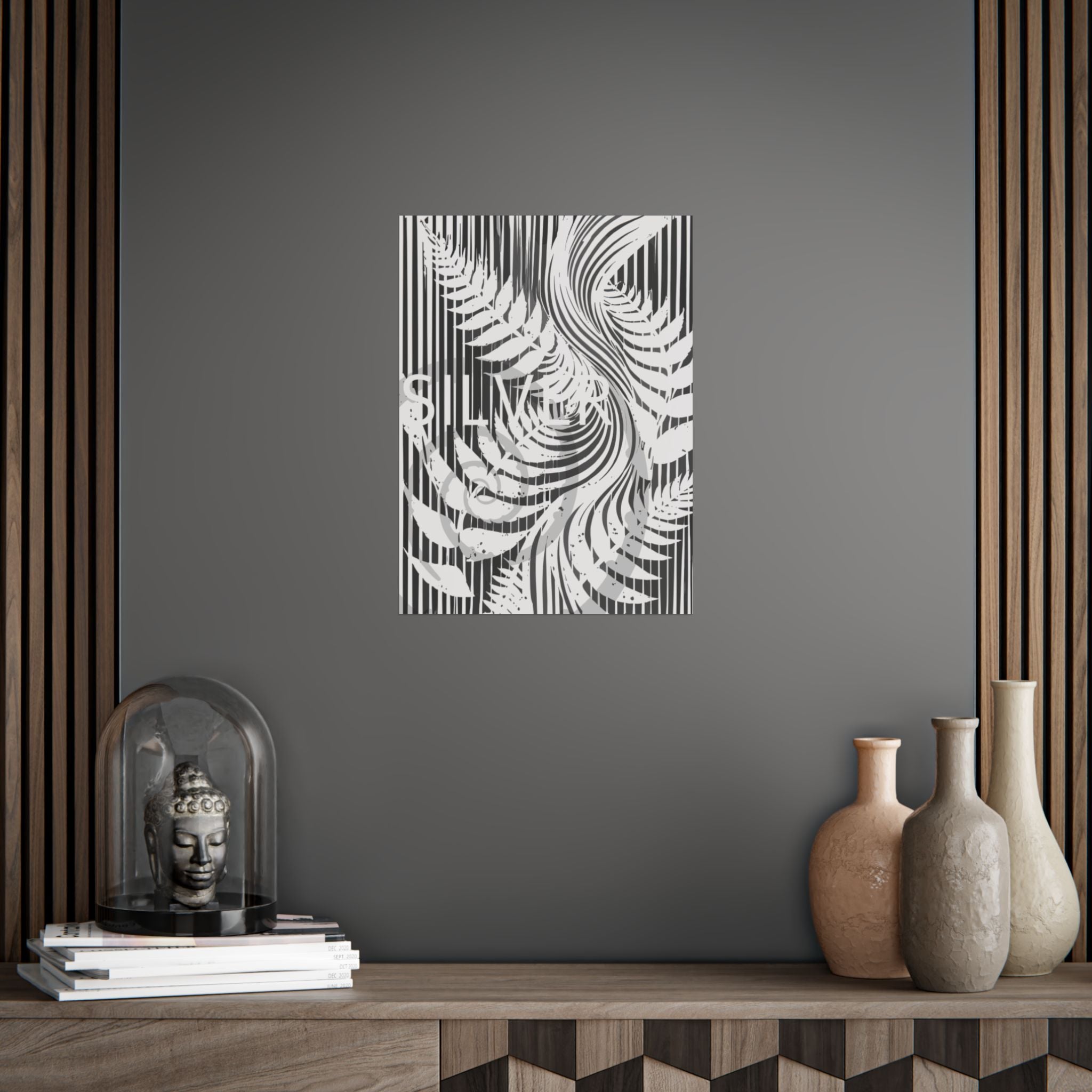 Botanical Silver Fern Poster — Monochrome Striped Wall Art