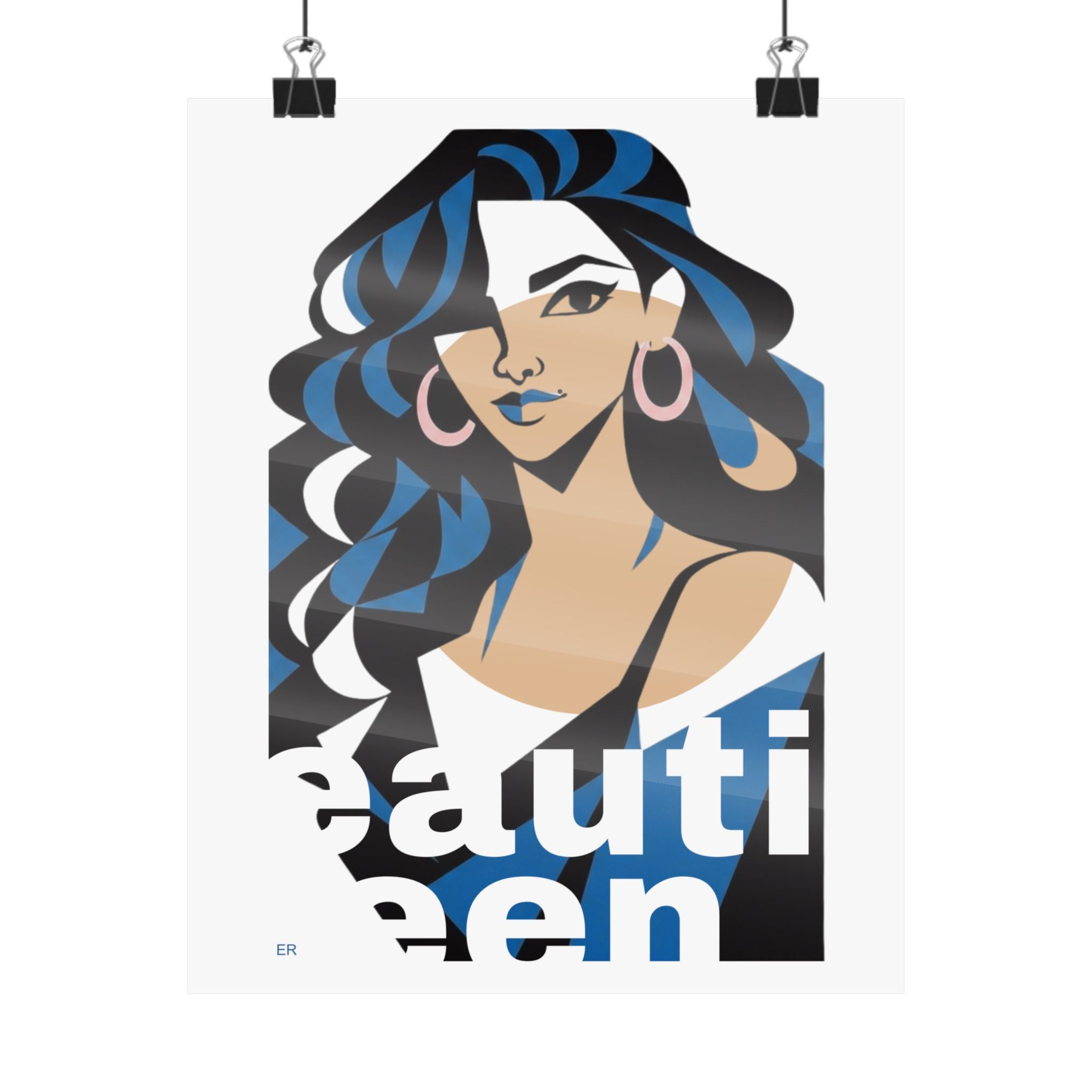 Beautiful Queen Matte Poster — Modern Female Portrait Wall Art  — Blue & Apricot Sand