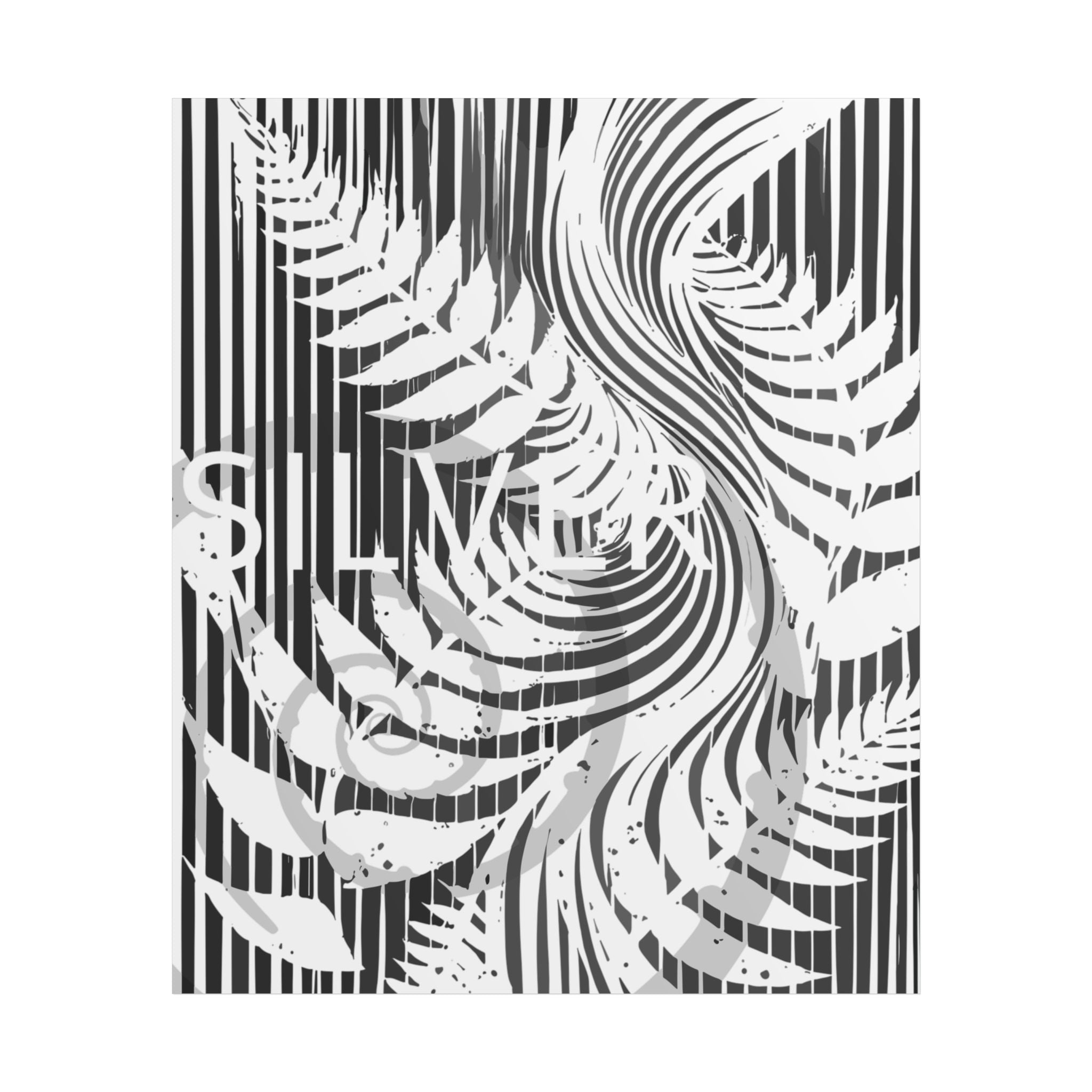 Botanical Silver Fern Poster — Monochrome Striped Wall Art